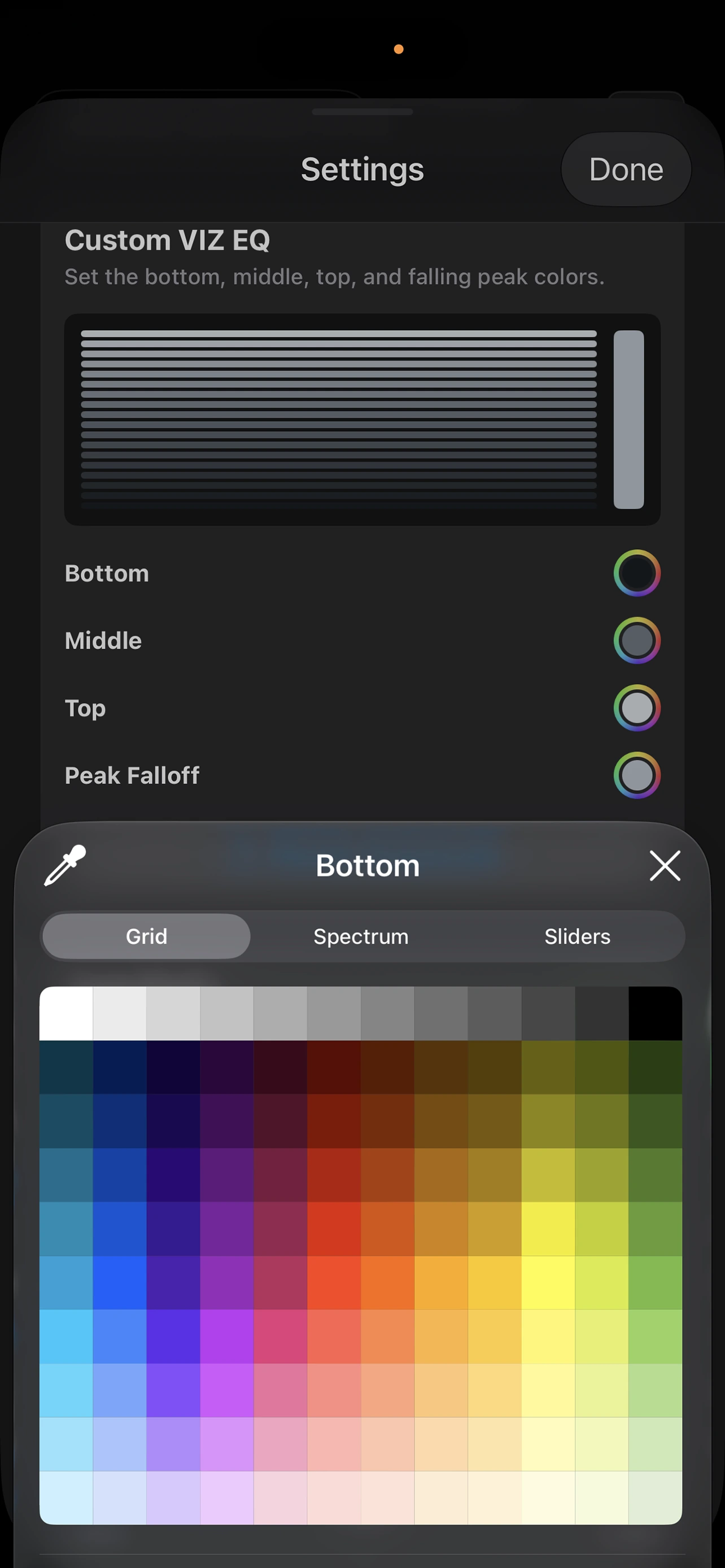 Custom VIZ EQ color controls with a full color grid for the live visualizer