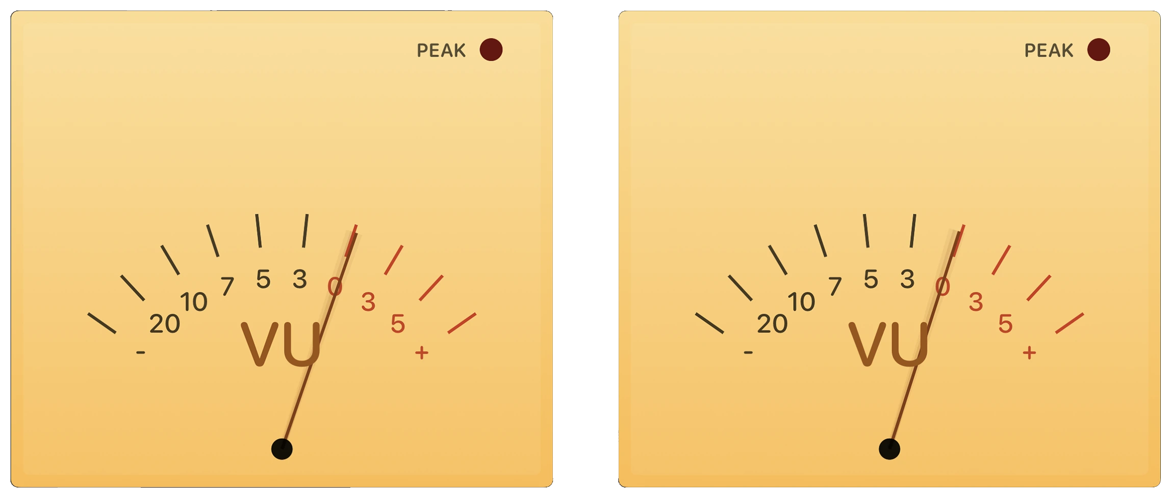 Complete warm left and right analog VU meters responding to live audio