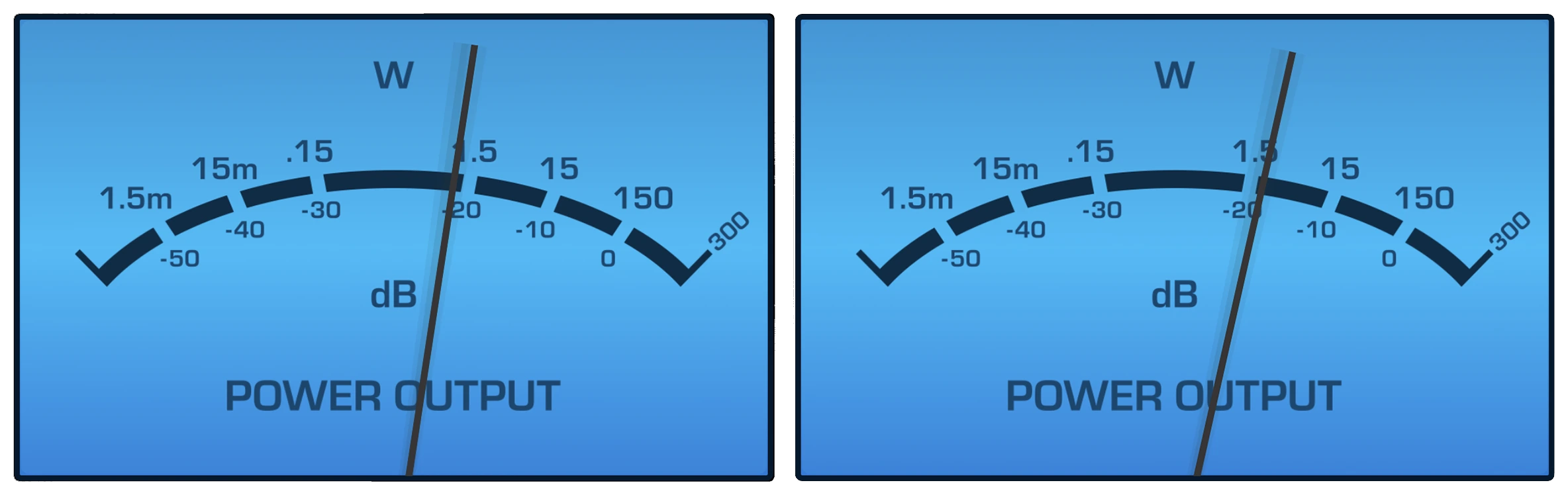 Complete blue McVU left and right power output meters responding to live audio