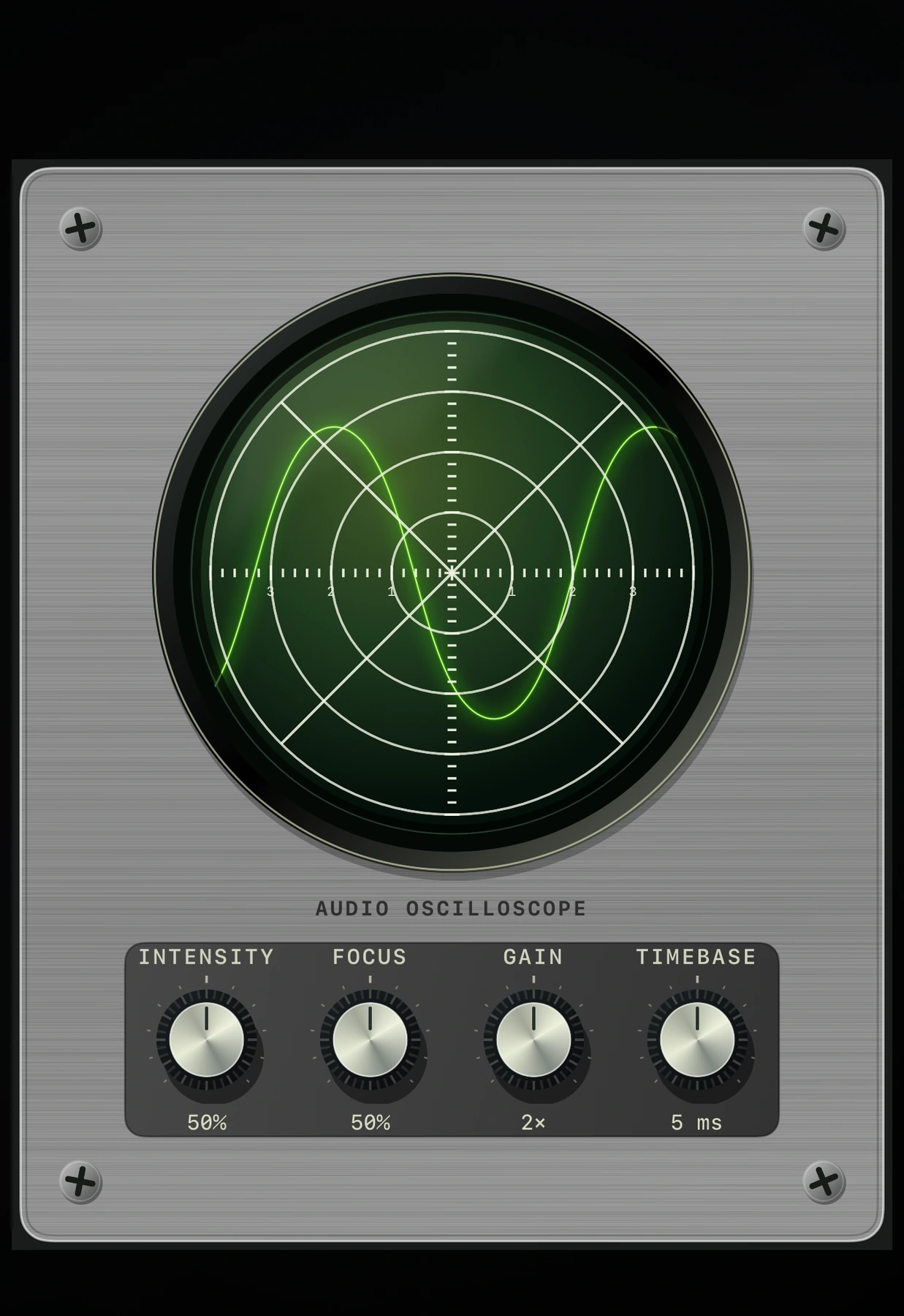 Phosphor in embiggened mode on the closed Duo cover display, with a round green tube and four knobs