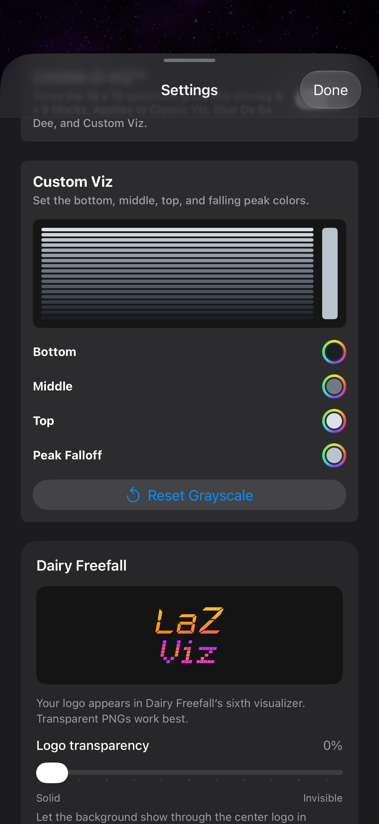 Current Custom Viz Settings with Bottom, Middle, Top and Peak Falloff color controls