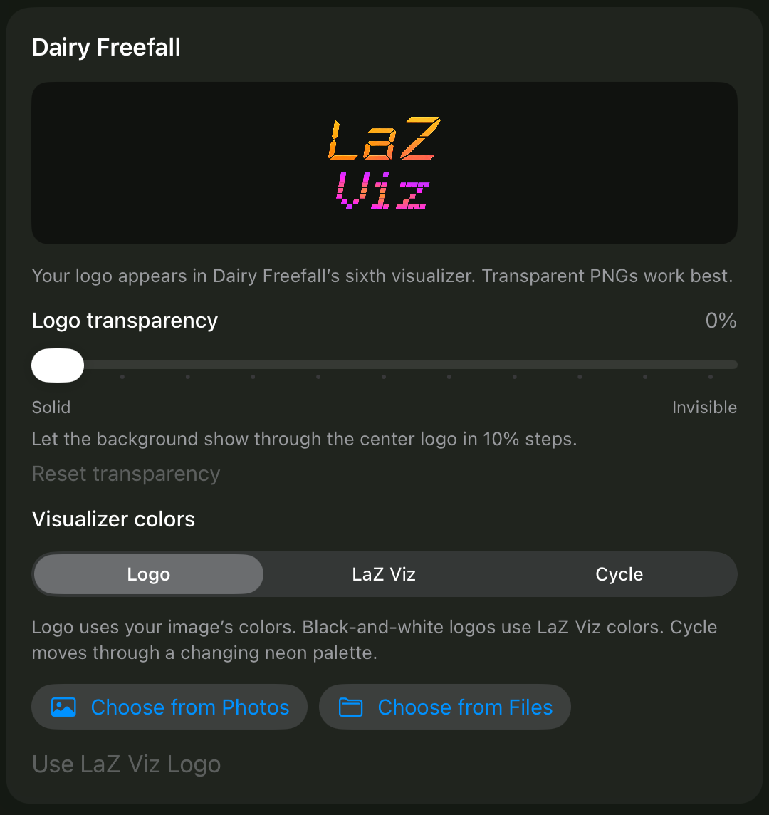 Dairy Freefall logo Settings with Choose from Photos and Choose from Files buttons, transparency slider, and visualizer color options