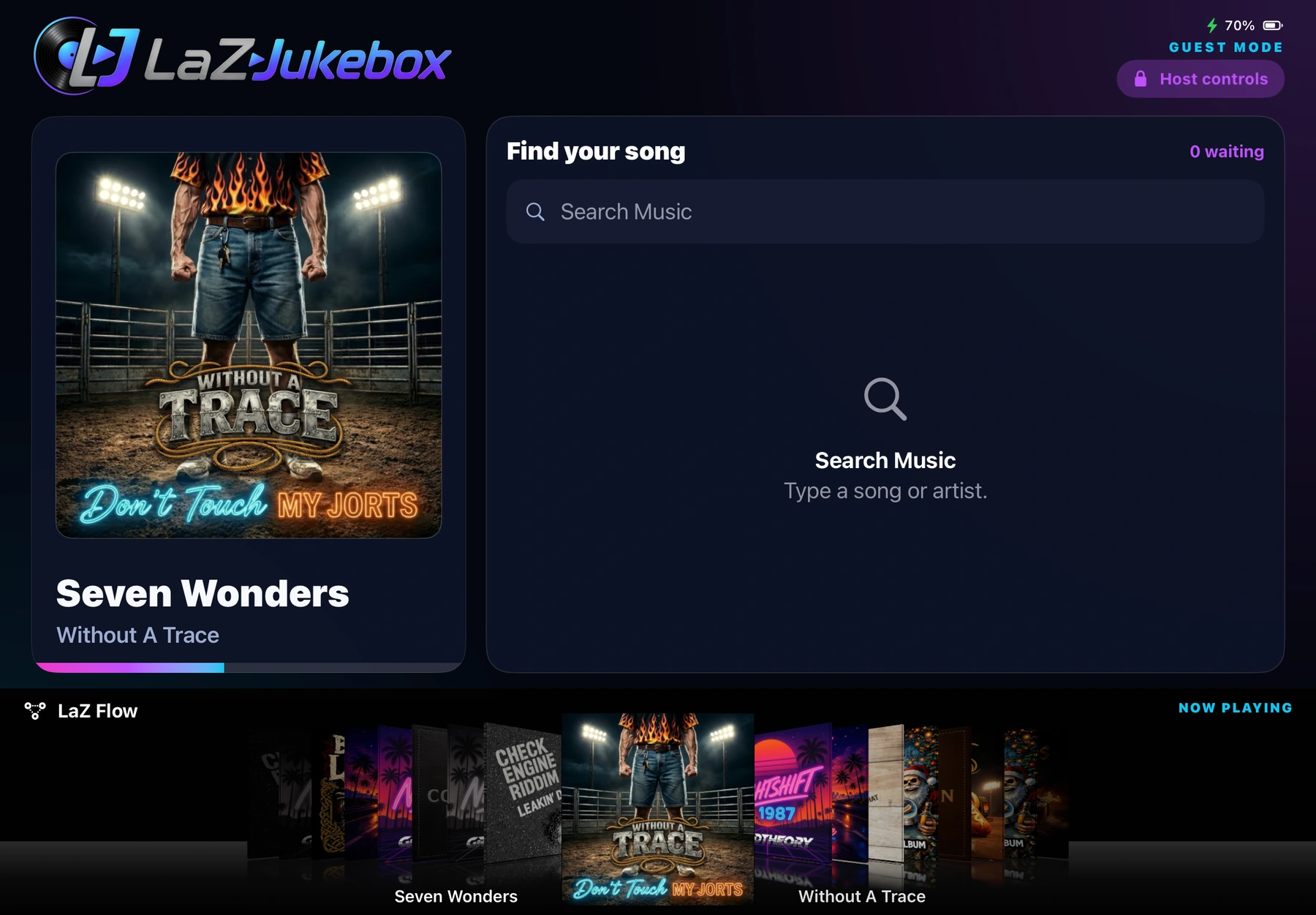 LaZ Jukebox development build in iPad landscape, showing Now Playing, song search and the LaZ Flow album artwork display