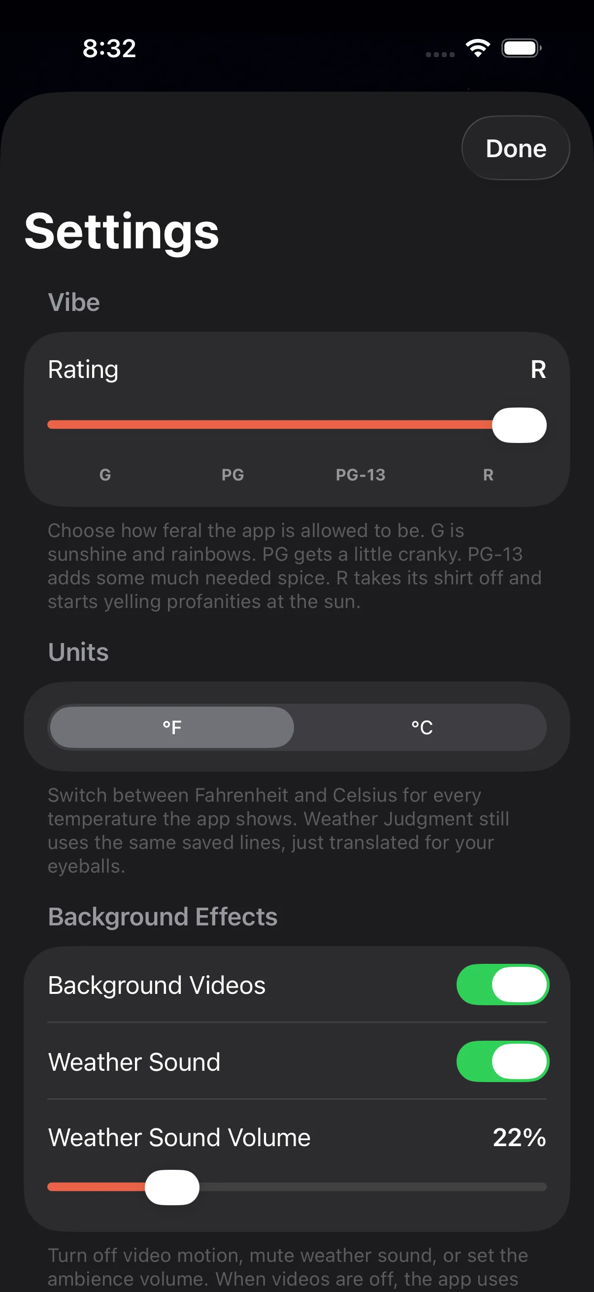 Genuine iPhone Settings capture showing rating, temperature units, background video, weather sound, and volume controls.
