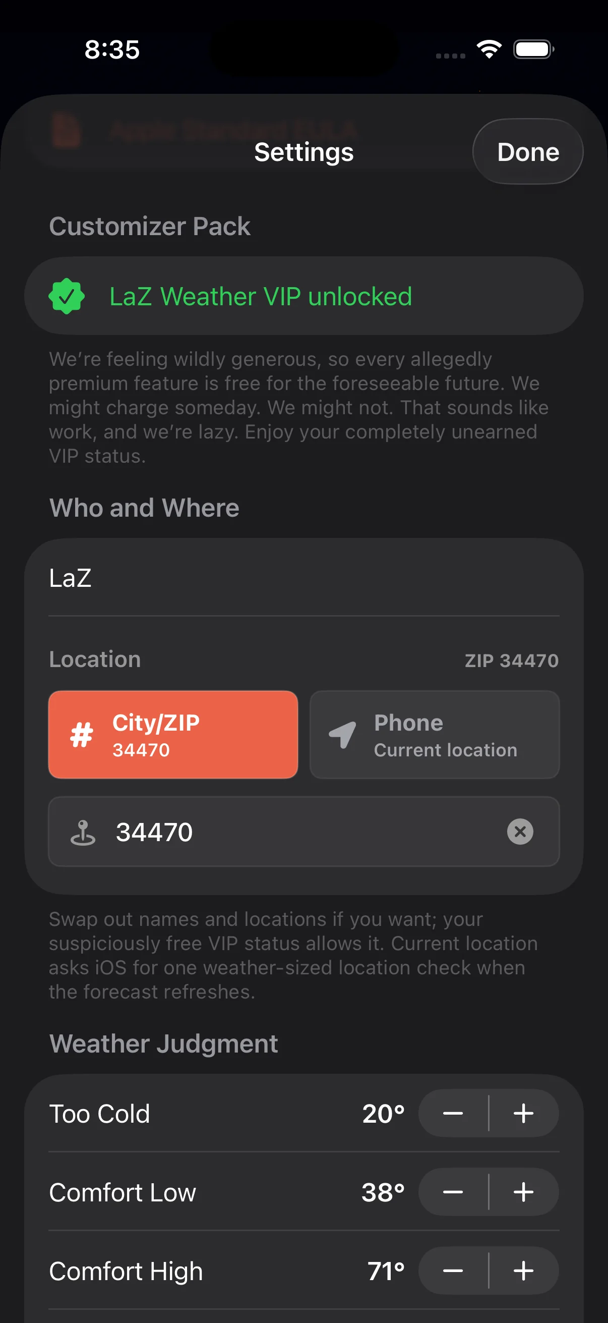 Genuine iPhone Settings capture showing person name, saved city or ZIP, one-shot current location, and temperature thresholds.
