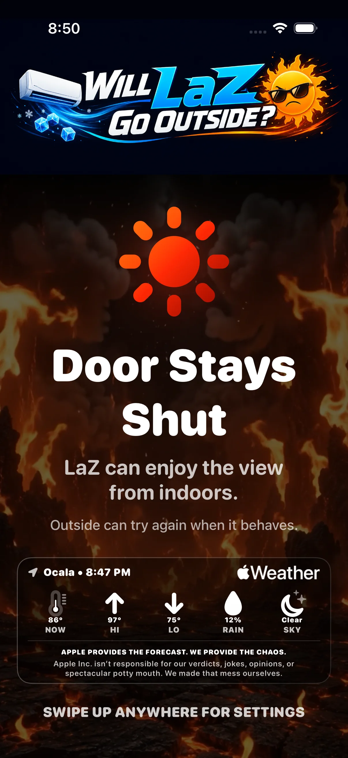 Genuine iPhone app capture showing a clean Door Stays Shut verdict, live Ocala conditions, the Apple Weather mark, and the required disclaimer.