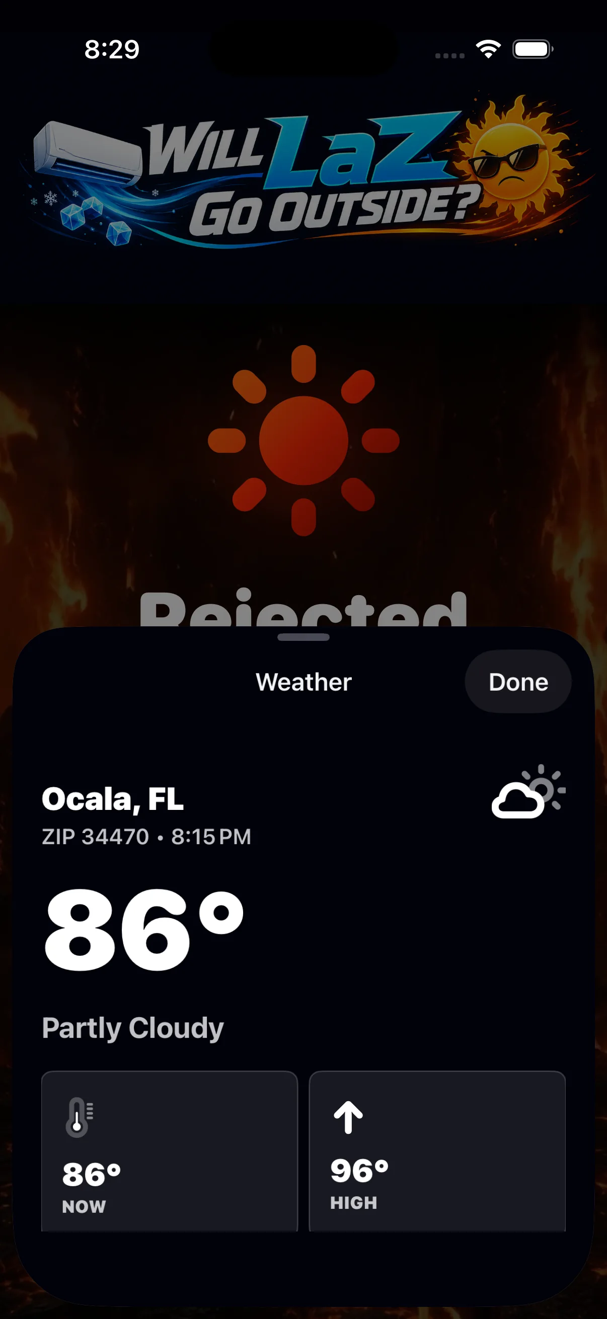 Genuine iPhone app capture showing the Weather detail sheet for Ocala with current and forecast conditions.