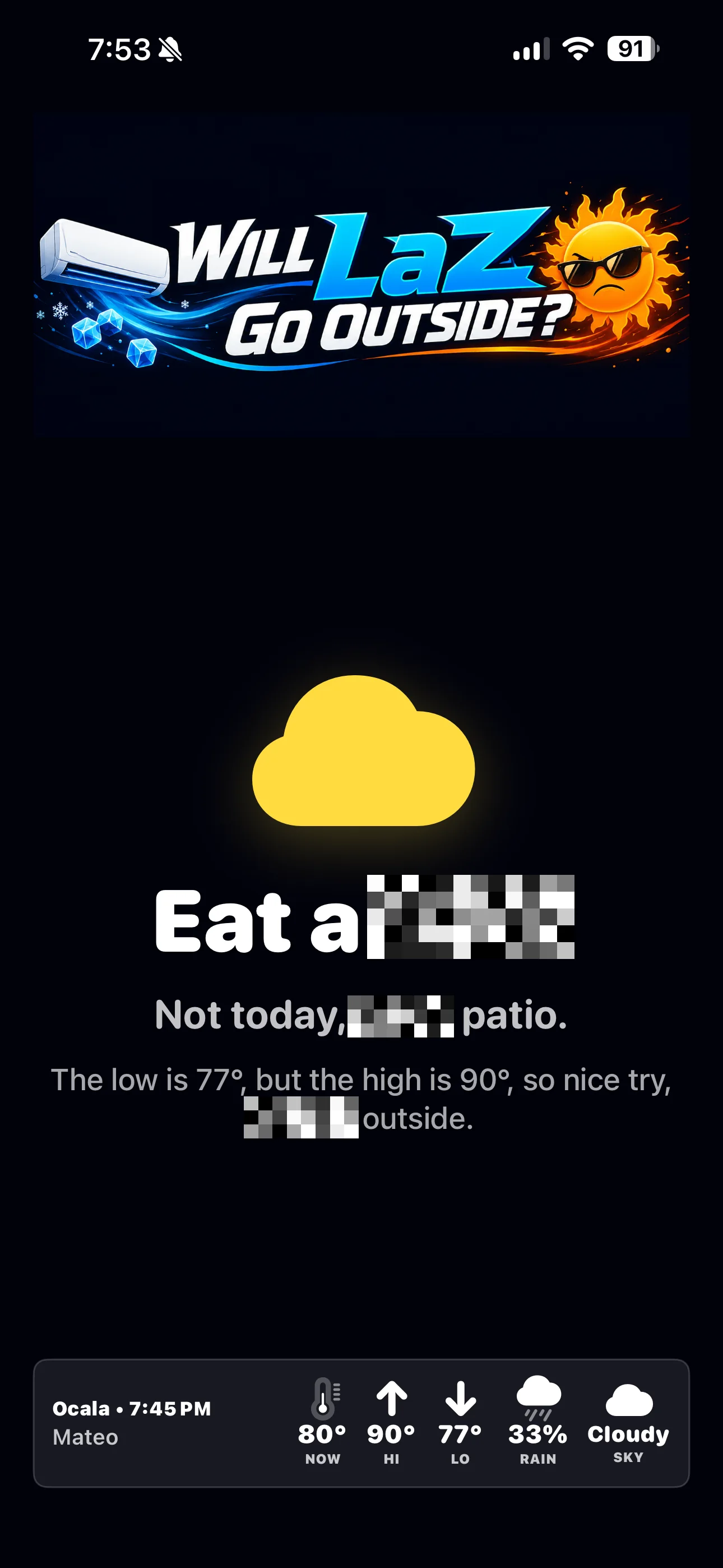 Genuine R-rated app verdict capture with every spicy word permanently covered by large pixel blocks.